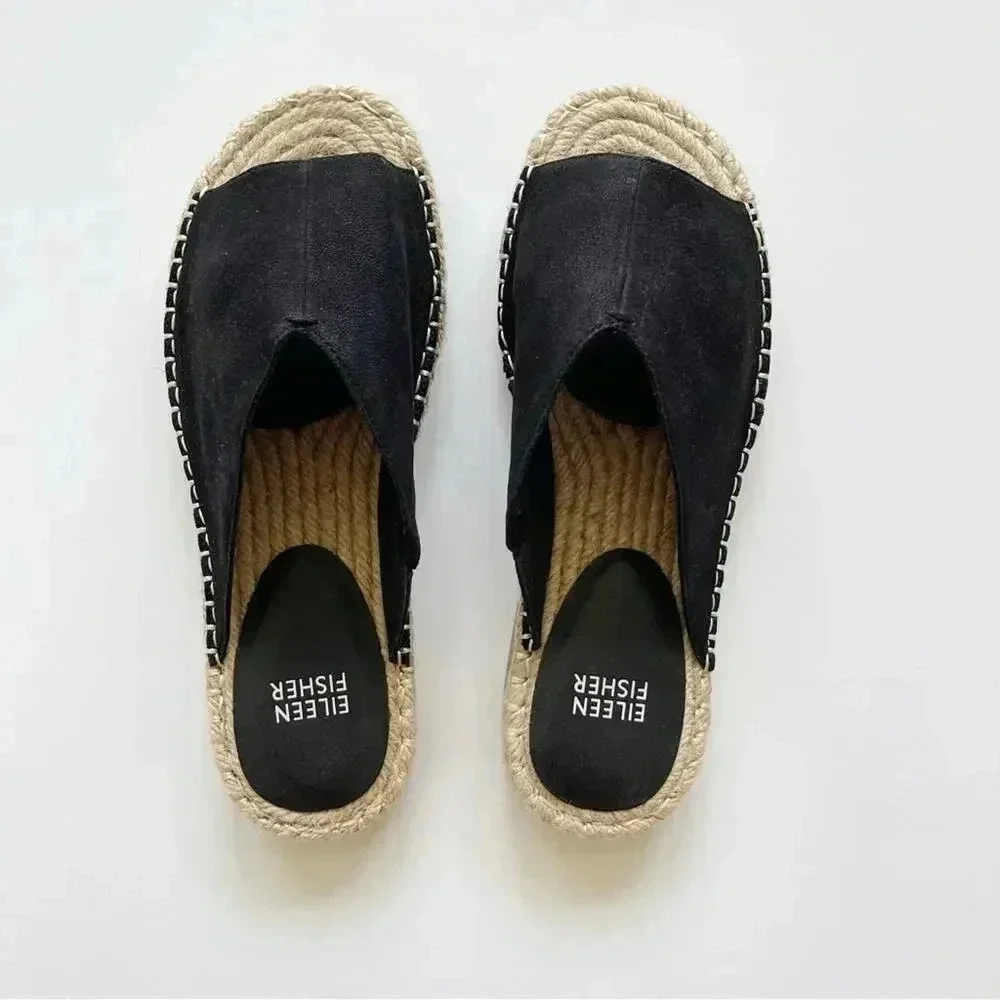 Eileen Fisher Milly Tumbled Nubuck Espadrille Black Sandal Size 7